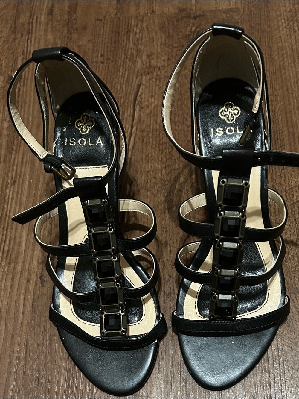Isola Black Strappy Gem-Front Ankle Strap Heels